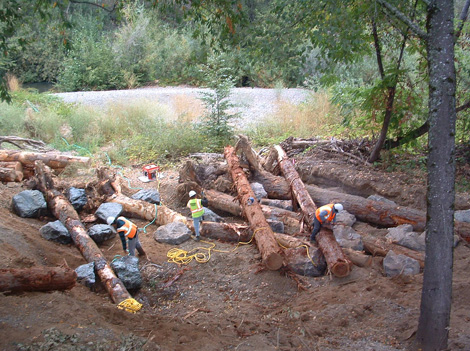 Dry Creek, preparing boulders and logs for cables